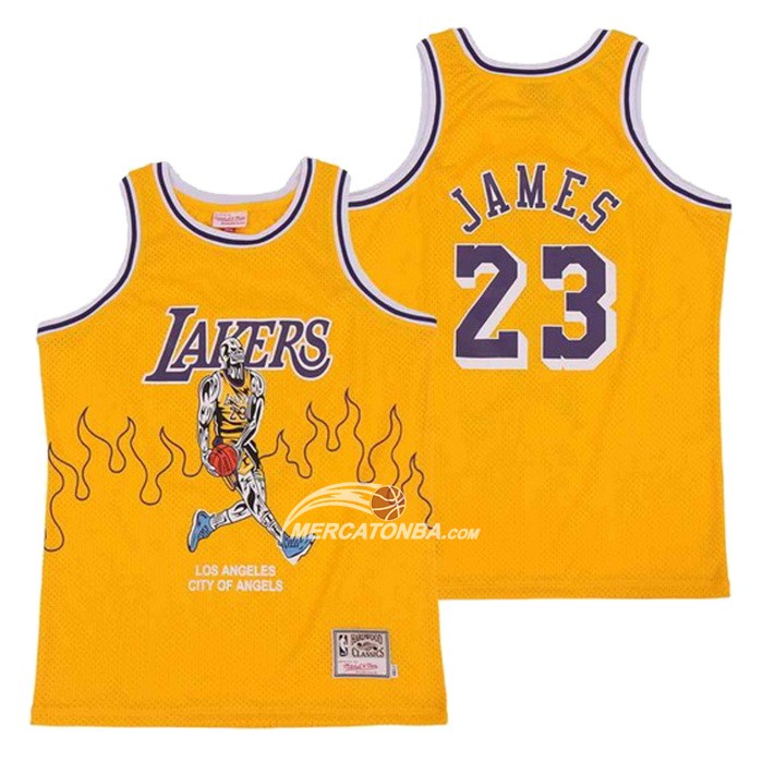 Maglia Los Angeles Lakers LeBron James Hardwood Classics Skull Edition Giallo